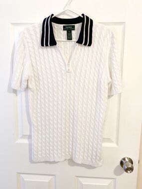 Lauren Ralph Lauren White Cable-Knit Polo with Navy Striped Collar - size M